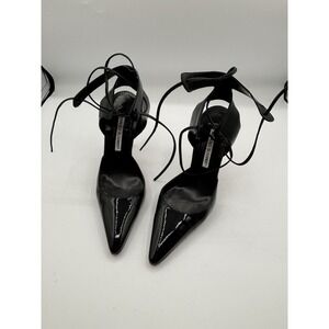 Manolo Blahnik Black Patent Leather Pointed Toe Strappy D'orsay Heel Size 36.5